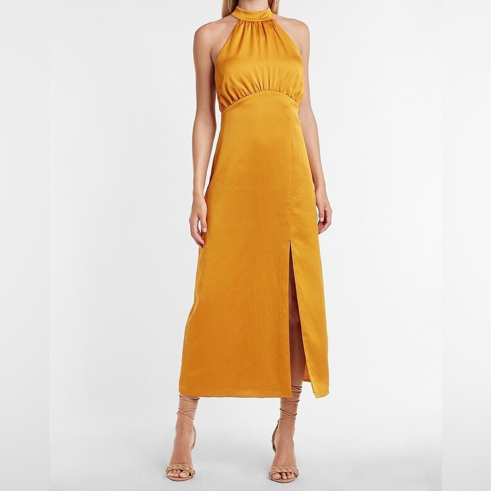 Express Yellow Ruched Halter Slip Dress / Size S / satin